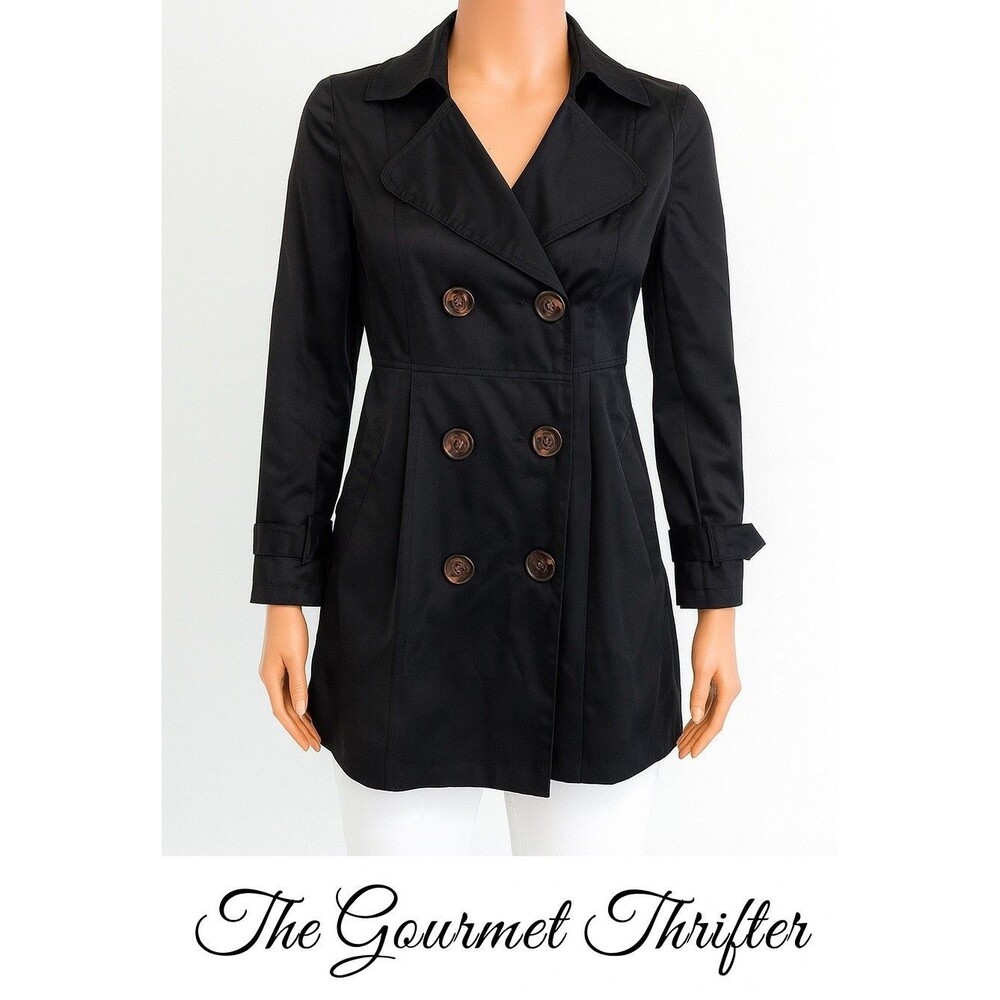 XOXO Black Double Breasted Trench Coat Size M Satin Y2K Belted Button Jacket